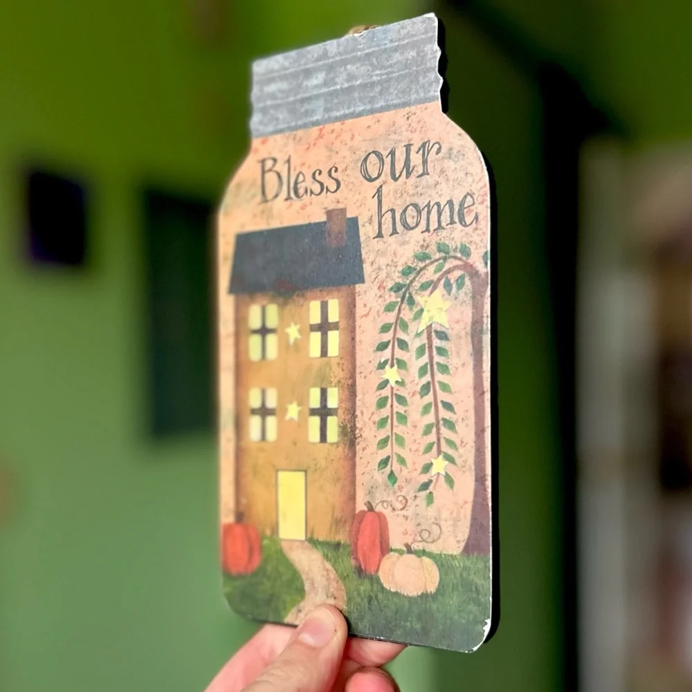 VTG Rustic Farmhouse Mason Jar Shape Cottagecore Bless This Home Pumpkin Wall